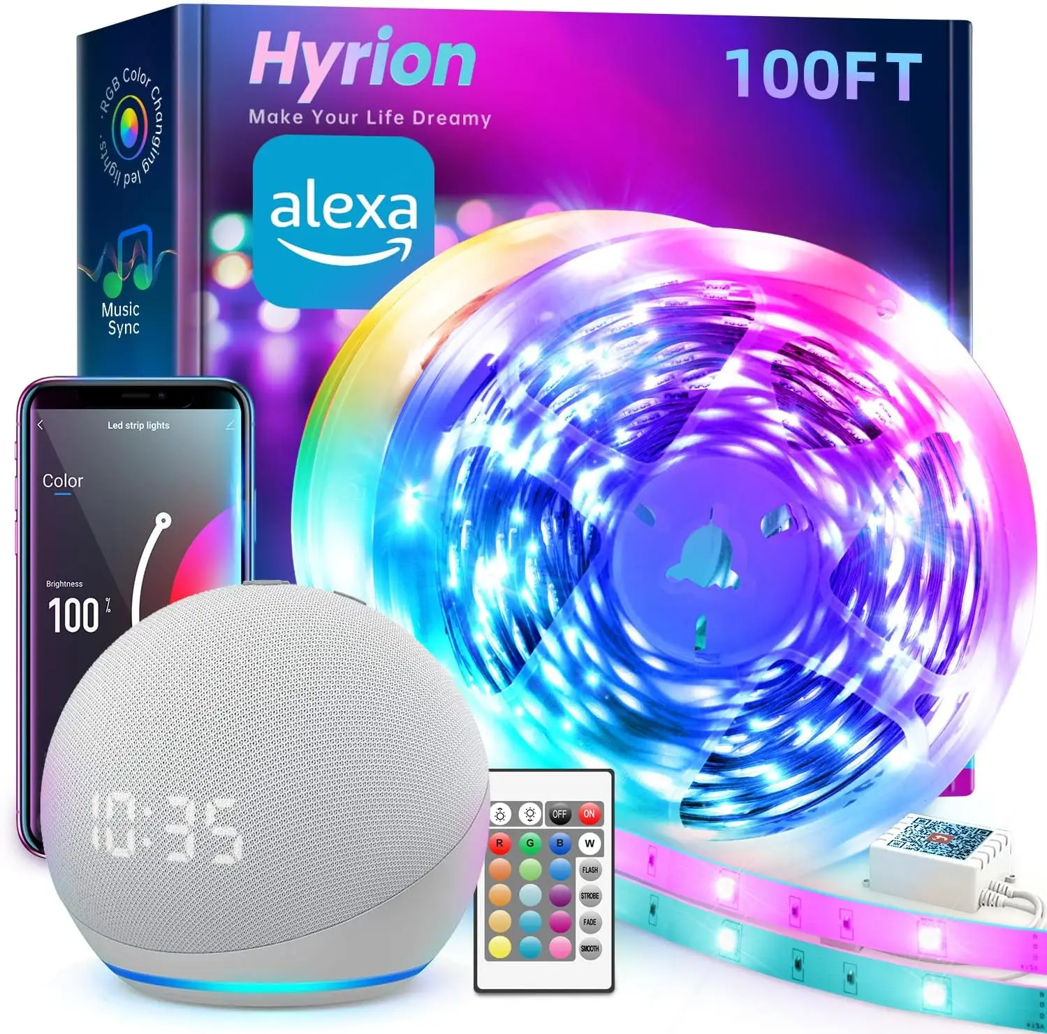 Smart LED Strip Lights 100ft WiFi, RGB Color Changing Lights Work with Alexa and Google Assistant, 16 Million Colors with App Control and Voice Control Led Lights for Bedroom, Room Decor
