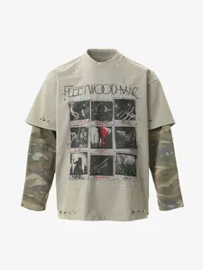 Streetwear Graphic Fake Two-Piece Distressed Shirts Letter Long Sleeve Grunge Tee Clothes