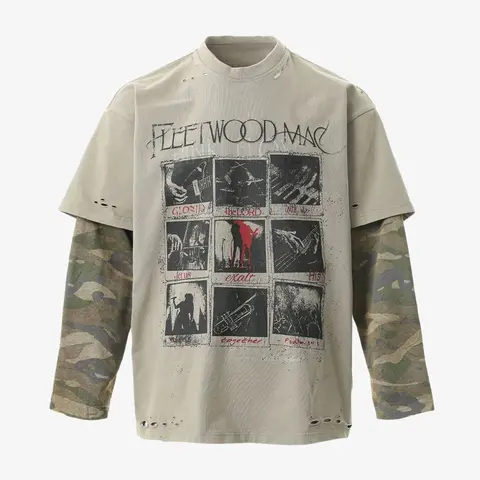 Supermade Camo Long Sleeve Graphic Fake Two-Piece Tee | Baggy Y2K Streetwear Top Men Women