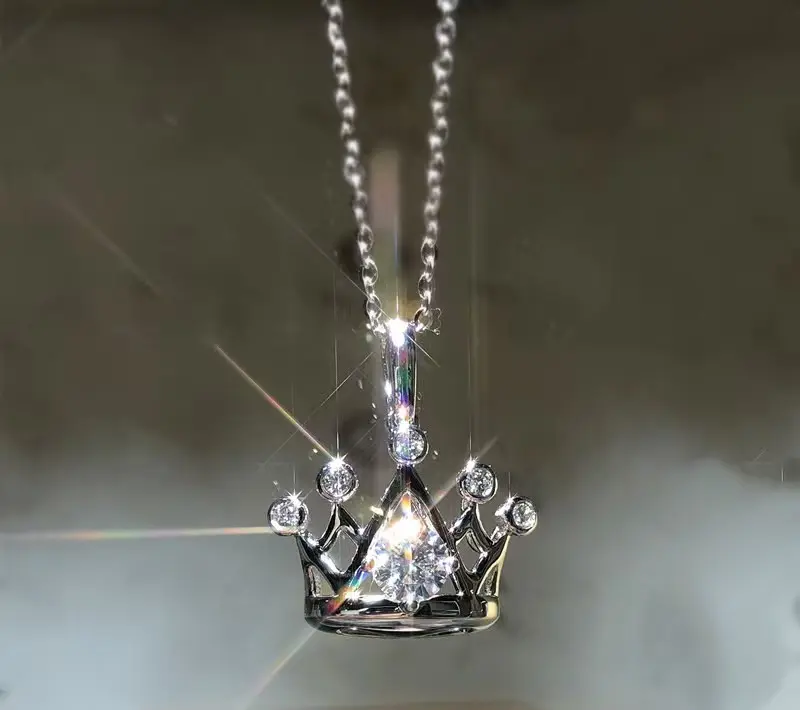 XL-11 2 Carat Moissanite Necklace – Regal Crown, Genuine Platinum Plated