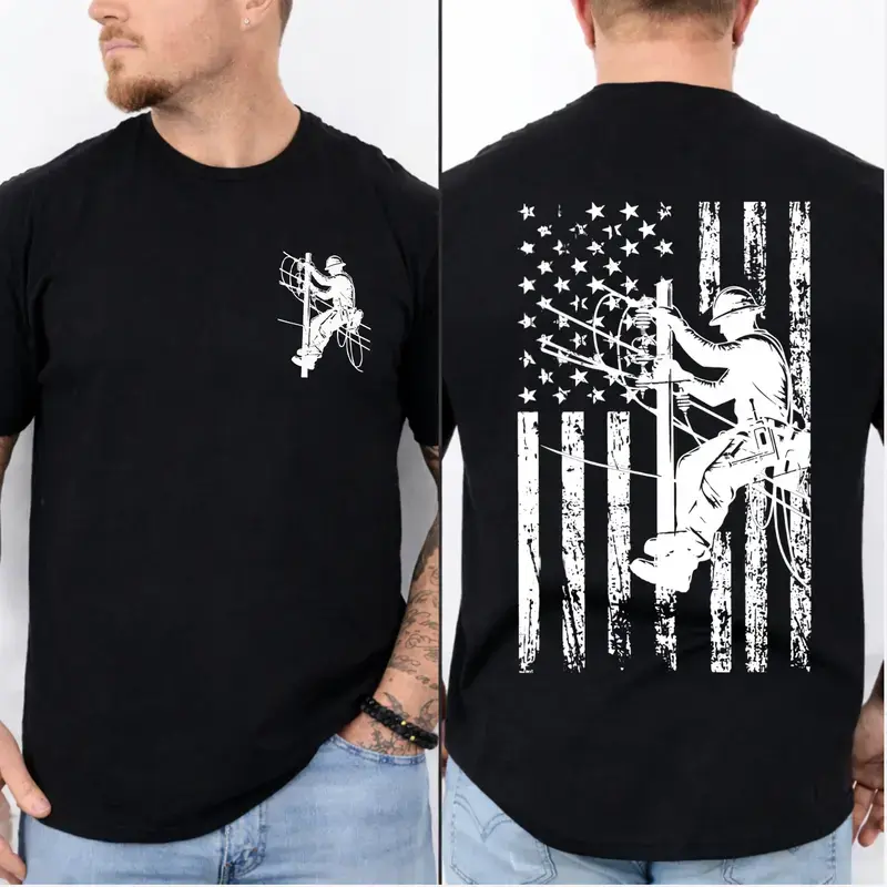 Lineman 2-Sided T-Shirt, American Flag Electrician Tee, Utility Worker Shirt, Blue Collar Workwear Gift For Men For Husband