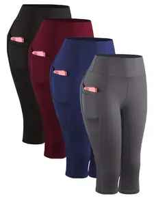 4-Pack Women's High Waisted Seven-Point Yoga Pants, Four-Way Stretch Sports Leggings with Tummy Control Waistband & Hidden Pockets, Suitable for Yoga, Gym, Daily Wear, Spring Summer Autumn, Seamless Yoga Apparel