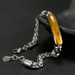 Men's Stackable Cuban Link Bracelet - High-Quality Non-Fading Hot-Selling Titanium Steel Jewelry with Round Polished Tiger Eye Black Stone