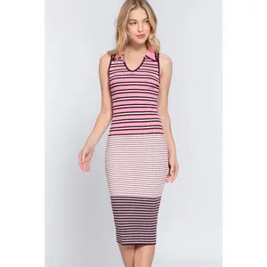 Sleeveless V-Neck Multi Stripe Midi Sweater Dress