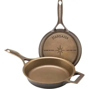 Stargazer 105inch cast iron skillet made in usa seasoned even heat distribution easy to clean smooth nonstick finish for grilling frying sauteing searing baking