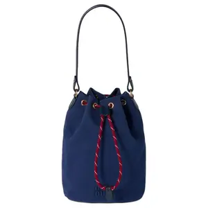 Women's MIU MIU Multifunctional Embroidered Logo Drawstring Cotton Bucket Bag, Indigo Blue