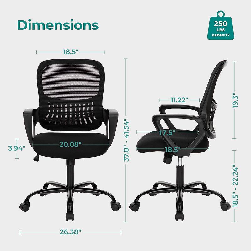 Ergonomic Office Chair Computer Gaming with Arms, Home Desk with Wheels, Mid-Back Task Rolling with Lumbar Support, Comfy Mesh Swivel Executive, 18.5" D x 20.08" W x 41.5" H, Black