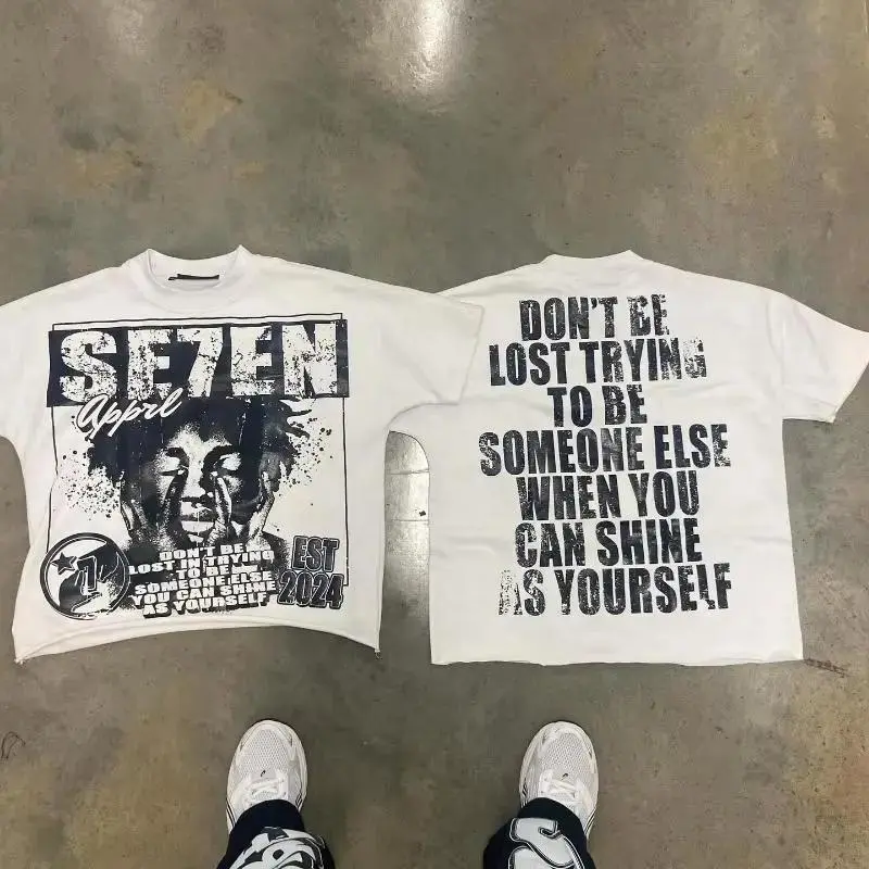 y2k top Alphabet print Street Harajuku short sleeve T-shirt Men 2024 American retro loose top couple casual oversized shirt white tee