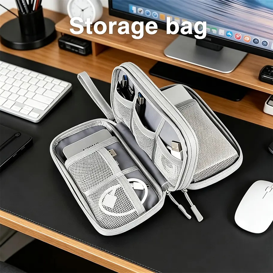 Electronic Organizer, Travel Tech Pouch Bag, Cable Organizer Light Grey | Wrist Strap, Waterproof, Double Layers Portable Electronics Travel Carrying Case for Cord, Charger, Daily Business Trips Use