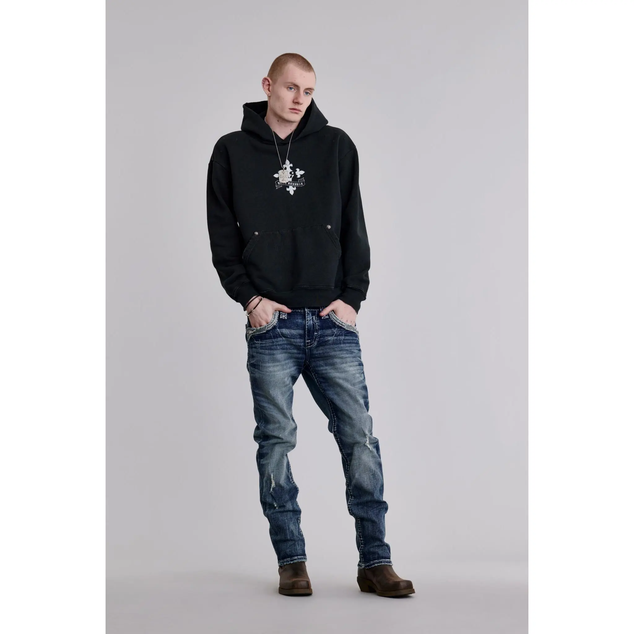 Men's Leon Straight Fit Jeans in Dark Wash Stretch Denim with Fleur-de-Lis Embroidery and Custom Pewter Hardware, Menswear, Casual Jeans, Classic Jean