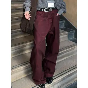 2025 Vintage Burgundy High-Waist Women’s Jeans — Y2K American Streetwear Design, 1990s Casual Style, Pairs Well with Raincoats