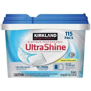Kirkland Signature Platinum Performance UltraShine Dishwasher Detergent Pacs 115-count Lemon Citrus Scent Concentrate No Pre-Wash Required 3.54 lb