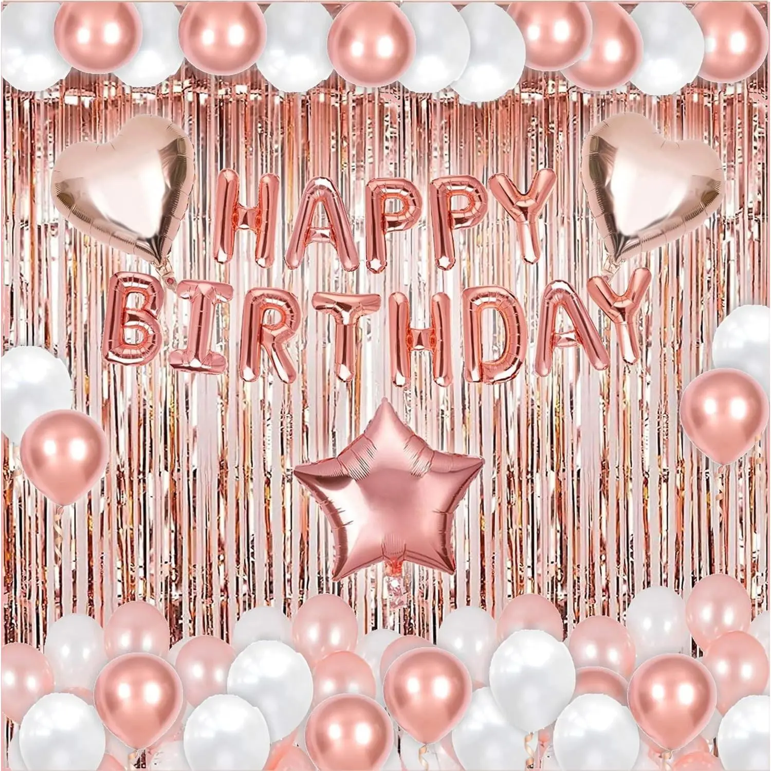 Women's Sturdy 50-Piece Reusable Metallic Rose Gold Latex & Foil Balloon Decoration Set - Festive Balloons, Happy Birthday Banner, Fringe Curtains, Heart & Star Accents for Birthday Parties, Girlfriend Gifts