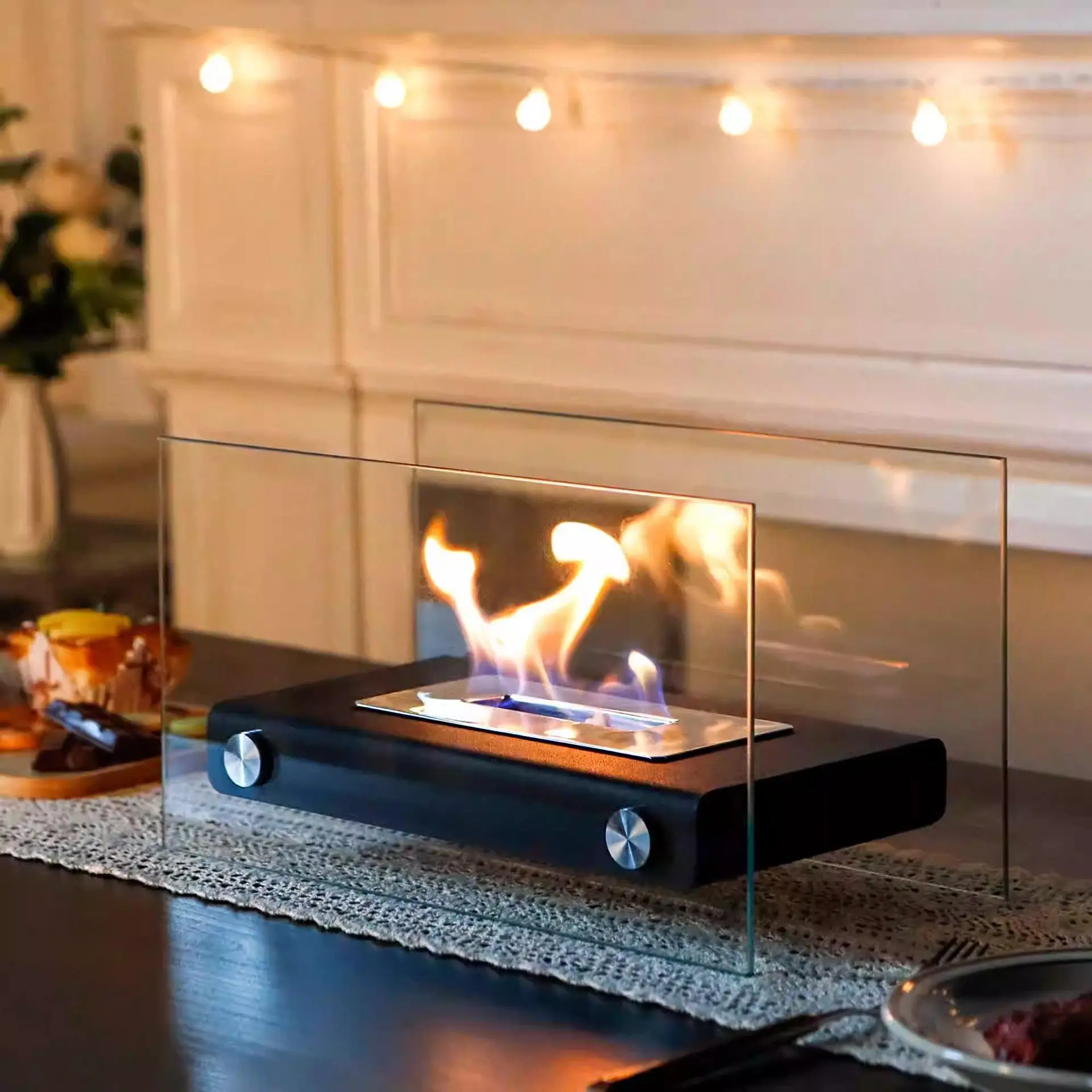 Portable Desktop Fireplace Atmosphere Lamp, Clear Glass Fireplace Atmosphere Lamp, Decorative Ornament for Home Living Room & Bedroom, Simulated Flame Diffuser, Perfume