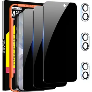 3 Pack Privacy Screen Protector for iPhone 17 [Phone Case Friendly] Accessories Private Film, 3 Pacs Tempered Glass Camera Lens Protector, with Mounting Frame for Apple Anti Spy,