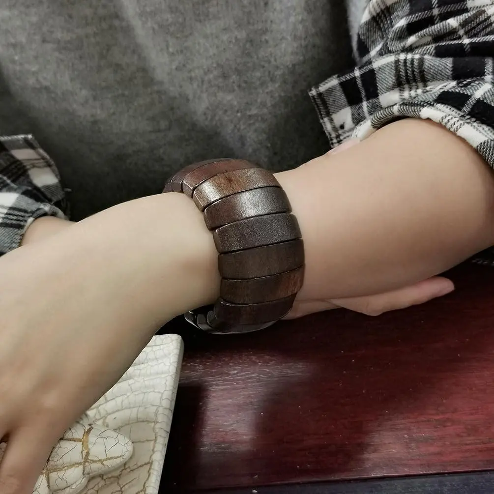Women's Multi-Colored Wooden Beads Wide Chunky Stretch Bracelet - 180mm, 24g, 4.5cm Elastic Wood Bangle, Bohemian Jewelry for Female Birthday Anniversary Gifts - Brown, Colorful, Handmade With Colored Wooden Beads, Non Skin Allergy