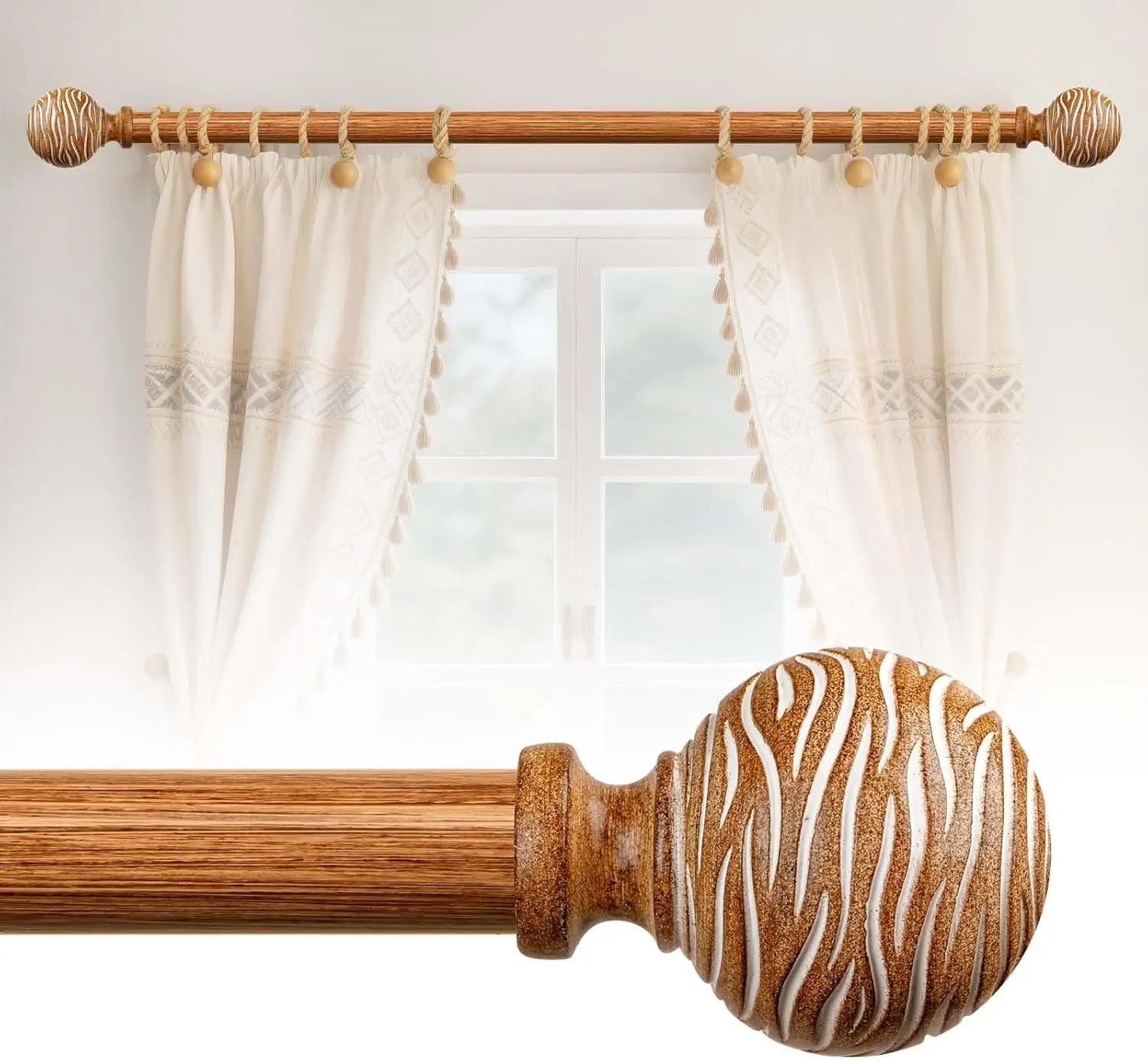 Curtain Rods for Windows 66 to 120:Imitation  Grain Coastal Heavy Duty Adjustable Curtain Rod,Farmhouse Boho Rustic Decorative Wooden Drapery Rods for Bedroom Living Room Kitchen,Brown