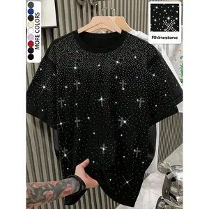 Unisex Rhinestone Cross Pattern T-Shirt, Street Style Glam Top, Sparkling Fashion Design, Perfect for Daily Wear & Night Out