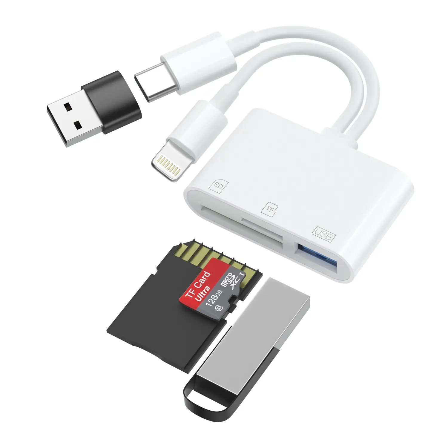 Three-In-One Lighting(Type-C)/USB-A HUB Reader, Supports SD/TF/USB Devices Simultaneously, Fast Transfer, Portable Card Reader for iPhone/iPad/android/PC USB Port Adapters, Multi Port Adapter, Usb C Adapter Multiport