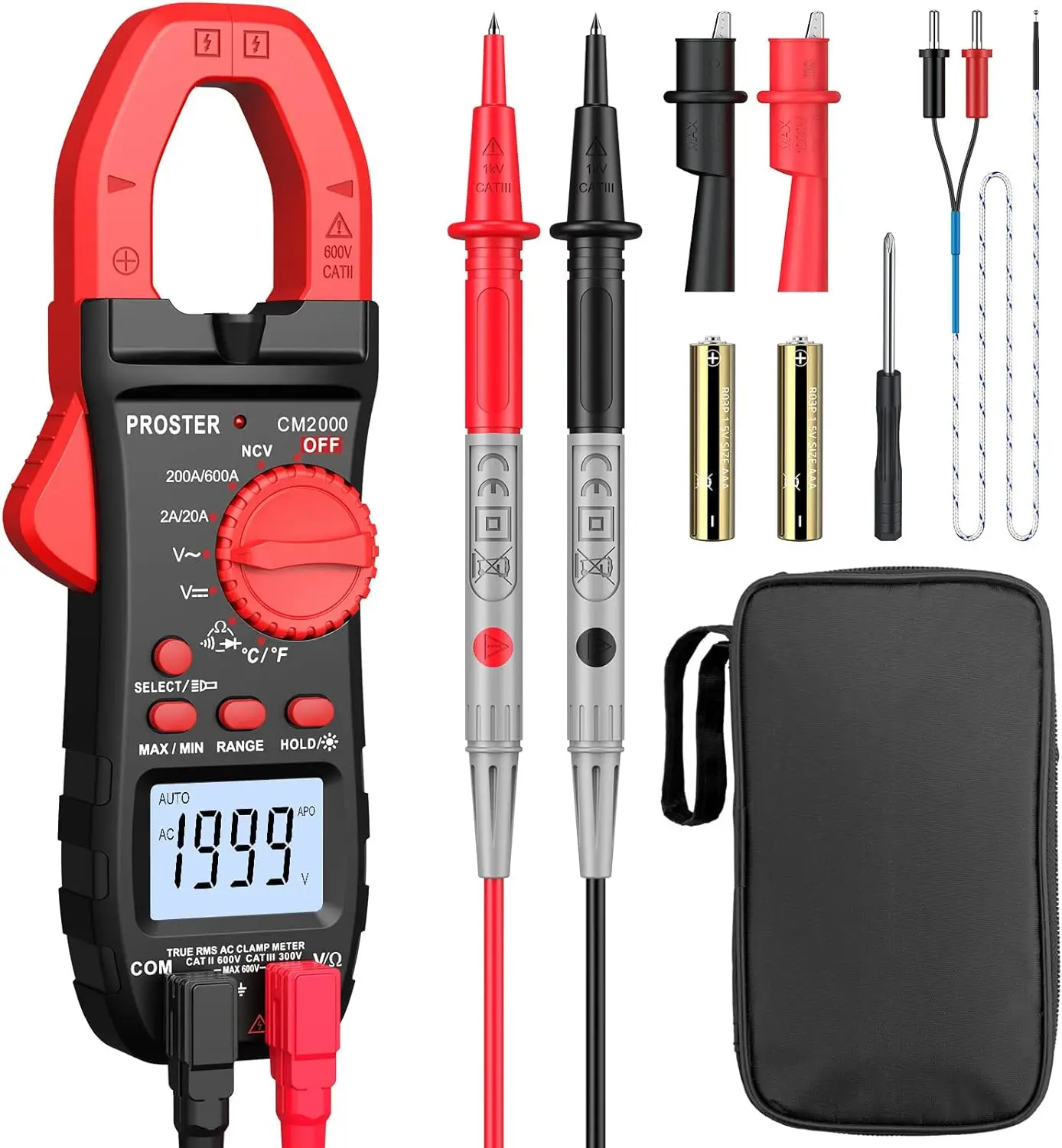 Proster Clamp Meter TRMS 2000Counts Auto-Ranging 600A AC Current 600V AC/DC Voltage NCV Continuity Resistance Diode Test Clamp Multimeter