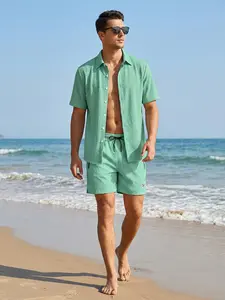 Men's Seersucker Beach Suit Summer Vacation Casual 2-Piece Set Short Sleeve Button Down Shirt Beach Shorts with Zipper Side Pockets and Triangle Mesh Lining