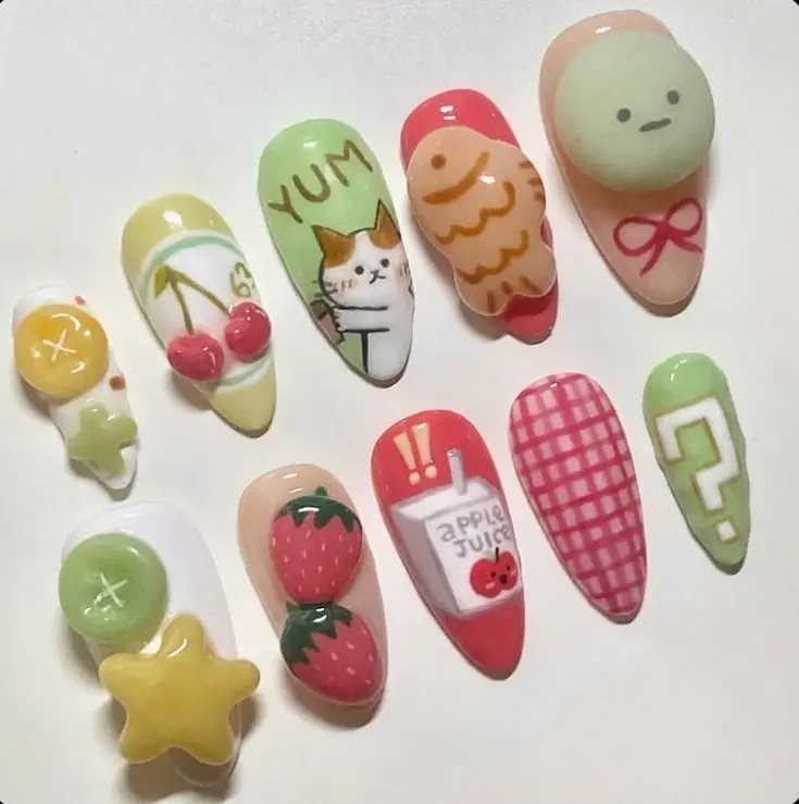 Handmade Smiski Inspired Press On Nails | Kawaii Japanese Food Cherry Taiyaki 3D Almond Fake Nails with FREE Adhesive Tabs FREE Nail File FREE Cuticle Stick