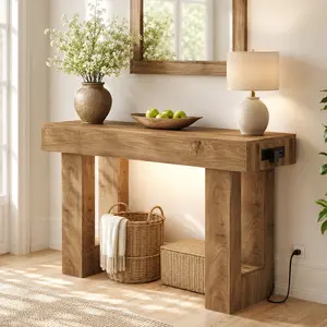 Motion Sensor Entryway Table – 47" Farmhouse Narrow Console Table with Auto Night Light, Outlet & USB, Open Storage for Hallway, Behind Couch