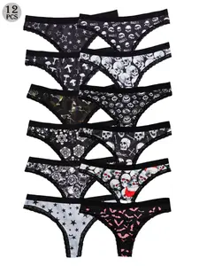 Morvia 12 PCS Women's Gothic Thong Fashion Breathable Underwear Set with Various Skull, Star, Bat and Unique Pattern Designs for Edgy Style
