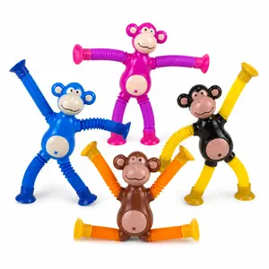 4 Pack Suction Cup Monkey Toys, Stretchy Bendable Sensory Tube Toys for Kids Ages 3+, Telescopic Monkey Fidget Toys with Suction Cup Hands & Feet, Classroom Prizes Party Favors for Boys Girls