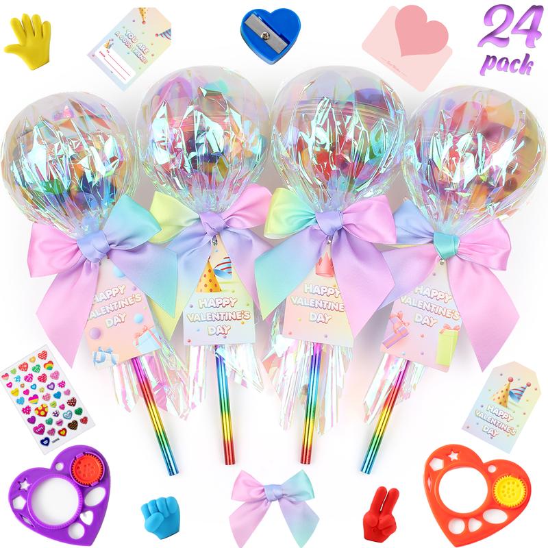 24 Pack  Valentines Day Gifts for Kids - Giant Rainbow Stationery Set with Valentine's Cards for School Classroom Class Party Favor,  Classroom School Exchange Birthday Party Gift