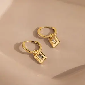 Art Deco Diamond Tag Huggies by Caitlyn Minimalist - Vintage Baguette Diamond Dangle Huggie Earrings in Gold - Art Deco Jewelry - Friend Gift