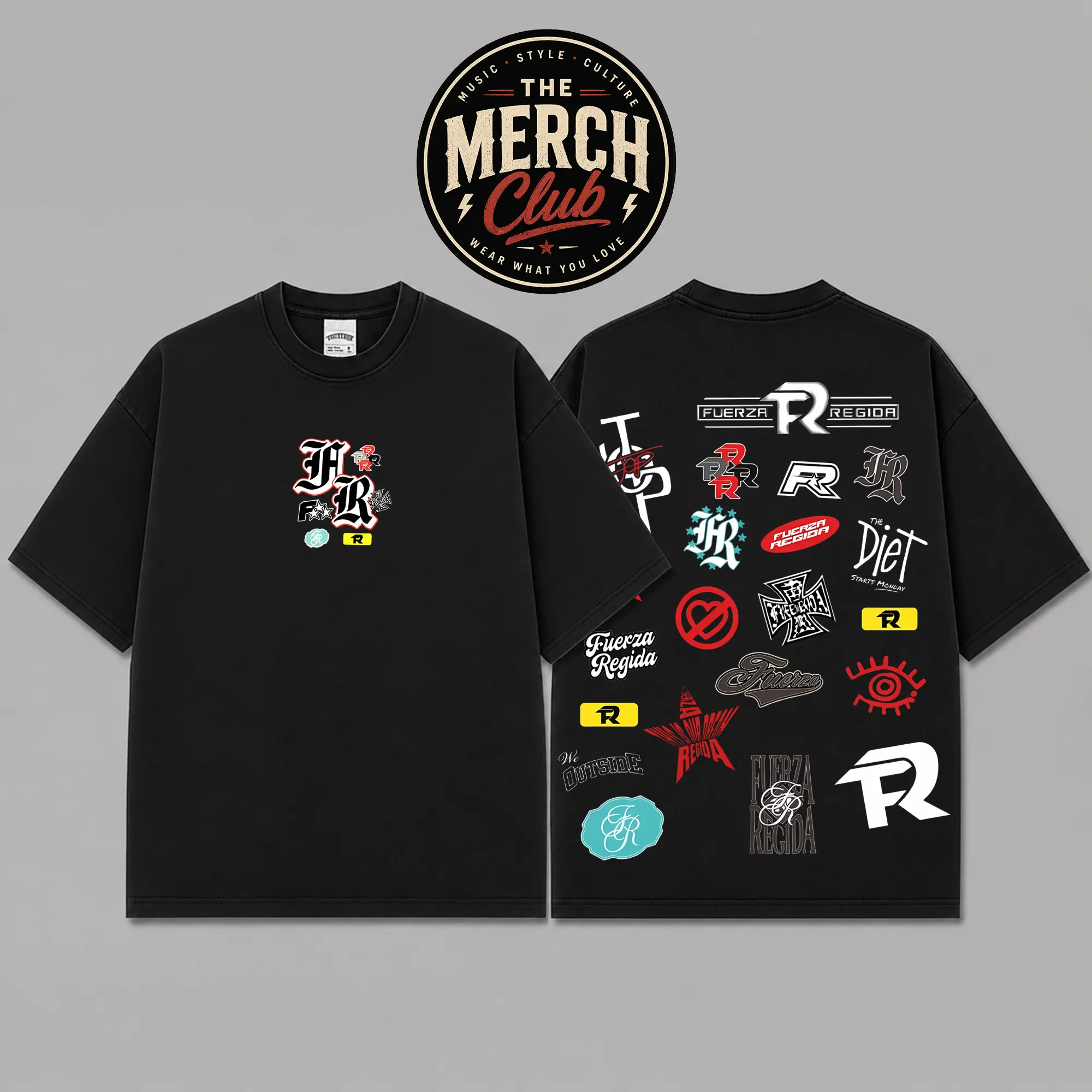 Fuerza Regida Logo Collage Graphic Premium Cotton T-Shirt, FR Regional Mexican Music Fan Tee, Corridos Tumbados Streetwear Shirt, Música Mexicana Black Graphic Tee, Oversized Logo Merch Outfit, Gift for Fuerza Regida Fans