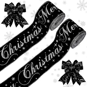 Jarthenaamcs 2 Rolls Christmas Velvet Wired Ribbon 2.5 Inch Merry Christmas Black Silver Glitter Xmas Decor for Gift Wrapping Xmas Tree Bow Wreath Craft Home Decor, 20 Yards JarThenaAMCS