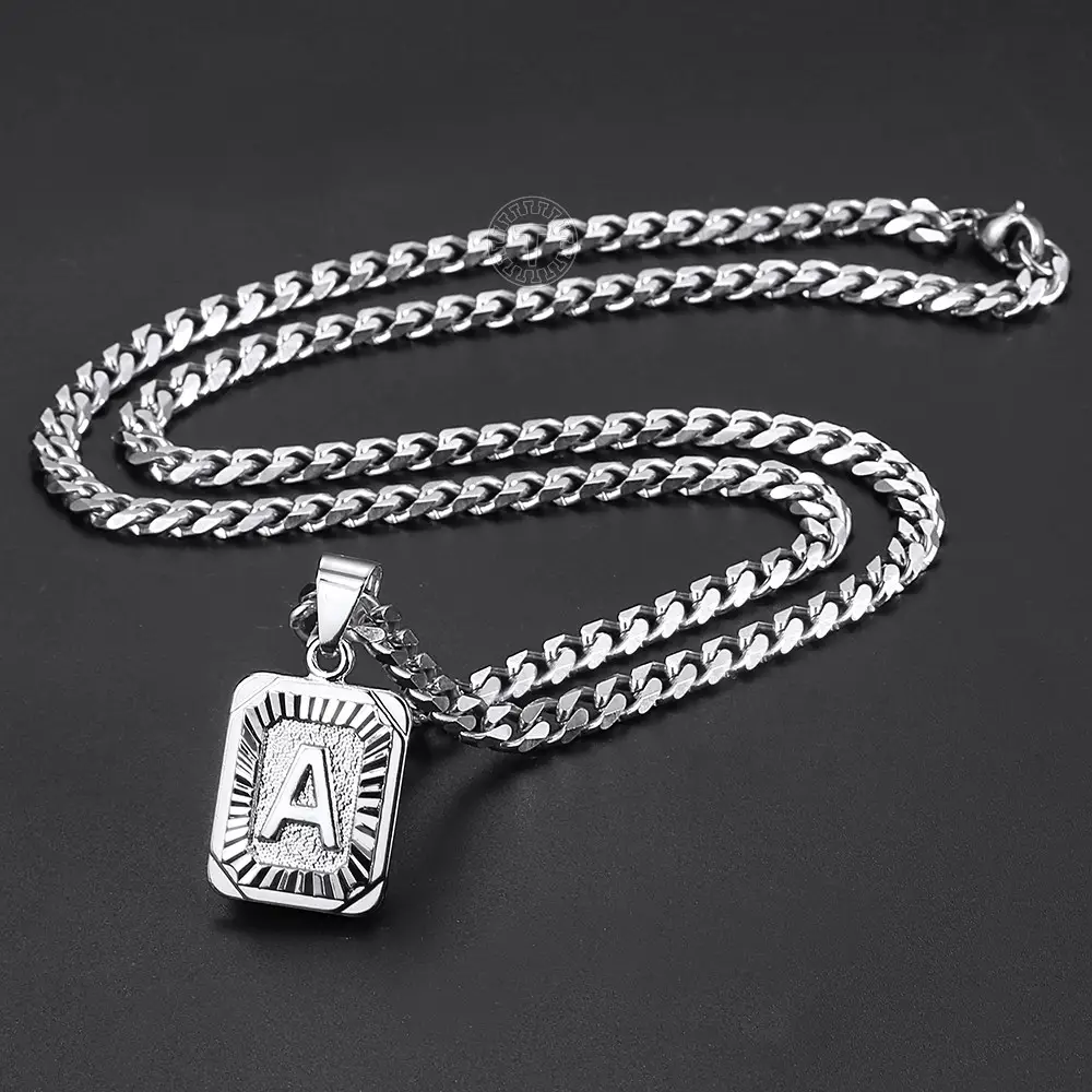 Hermah Silver Color Initial Letter A-Z Pendant Necklace 18"-22" Stainless Steel Curb Chain Charm Jewelry