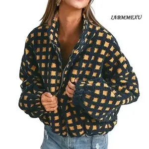 Womens Cute Sherpa Fleece Jacket Fuzzy Zip Up Checkered Cropped Going Out Jacket Teddy Fluffy Casual Y2K Outerwear Cotton Fashion