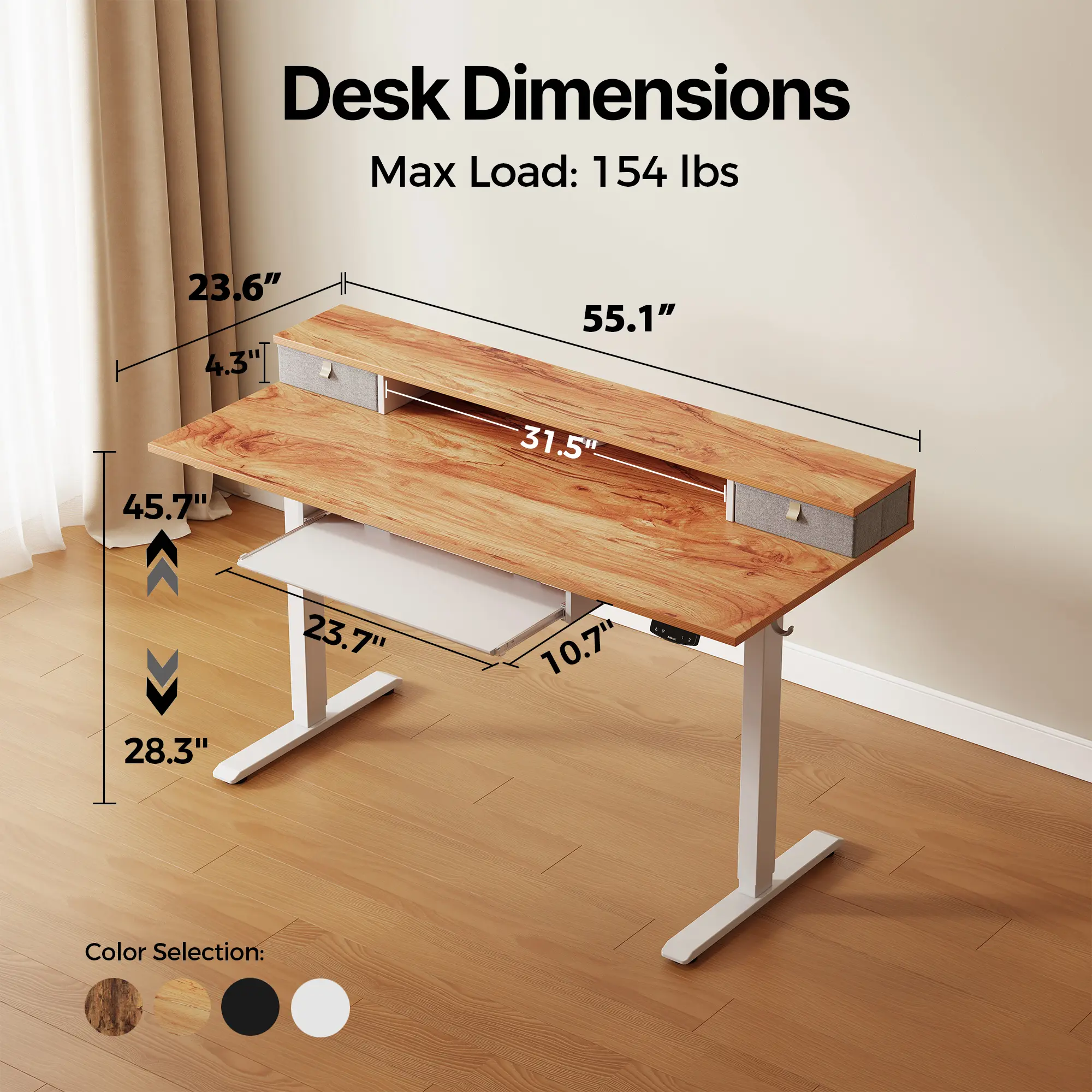 Light Brown /55.1“ - with Drawers & Keyboard Tray