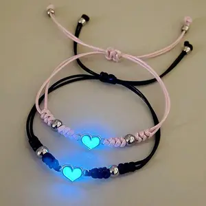 Glow in The Dark Heart Matching Bracelet Set for Couples & Best Friends, Black & Pink Braided Wristbands with Luminous Charms, Adjustable Friendship Jewelry