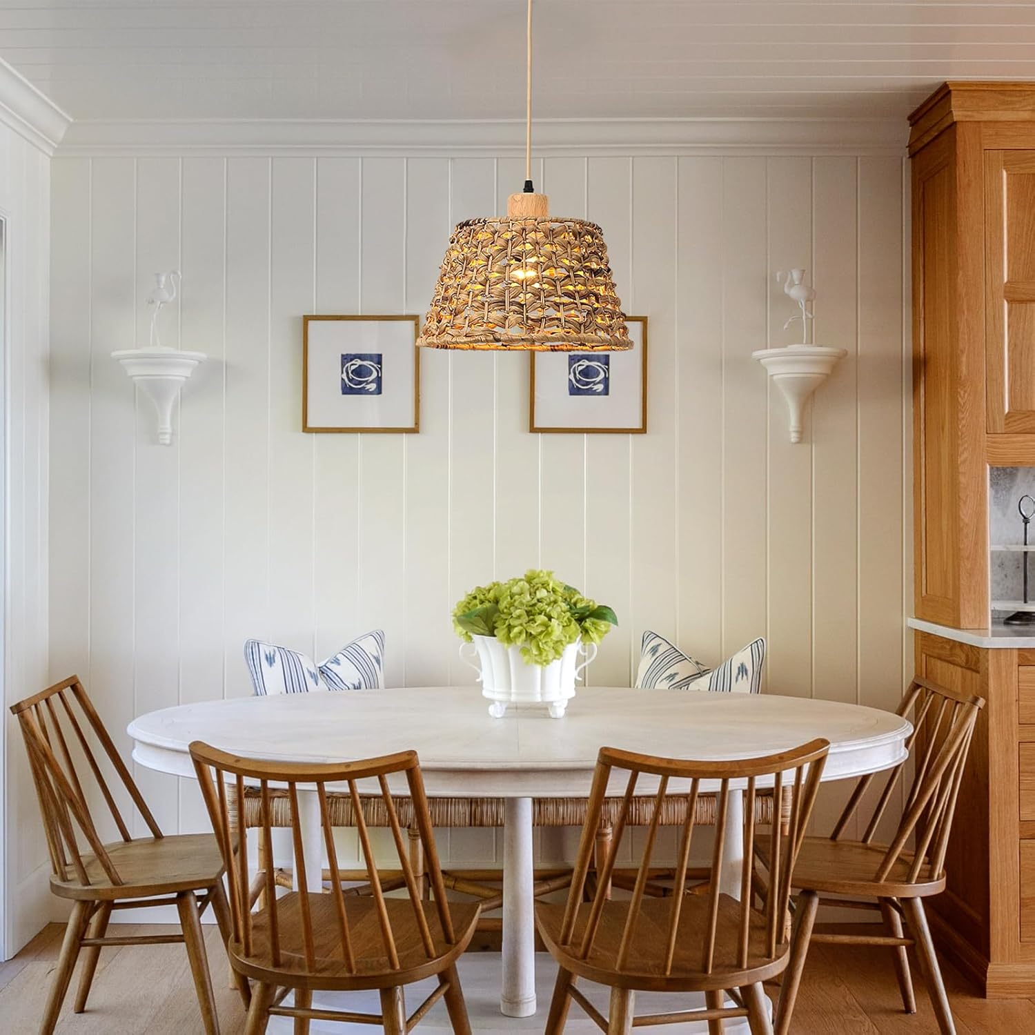 Rattan Boho Pendant Light, 12" 1-Light Hand-Woven Wicker Water Hyacinth Cone Hanging Light for Kitchen Island Dining Room