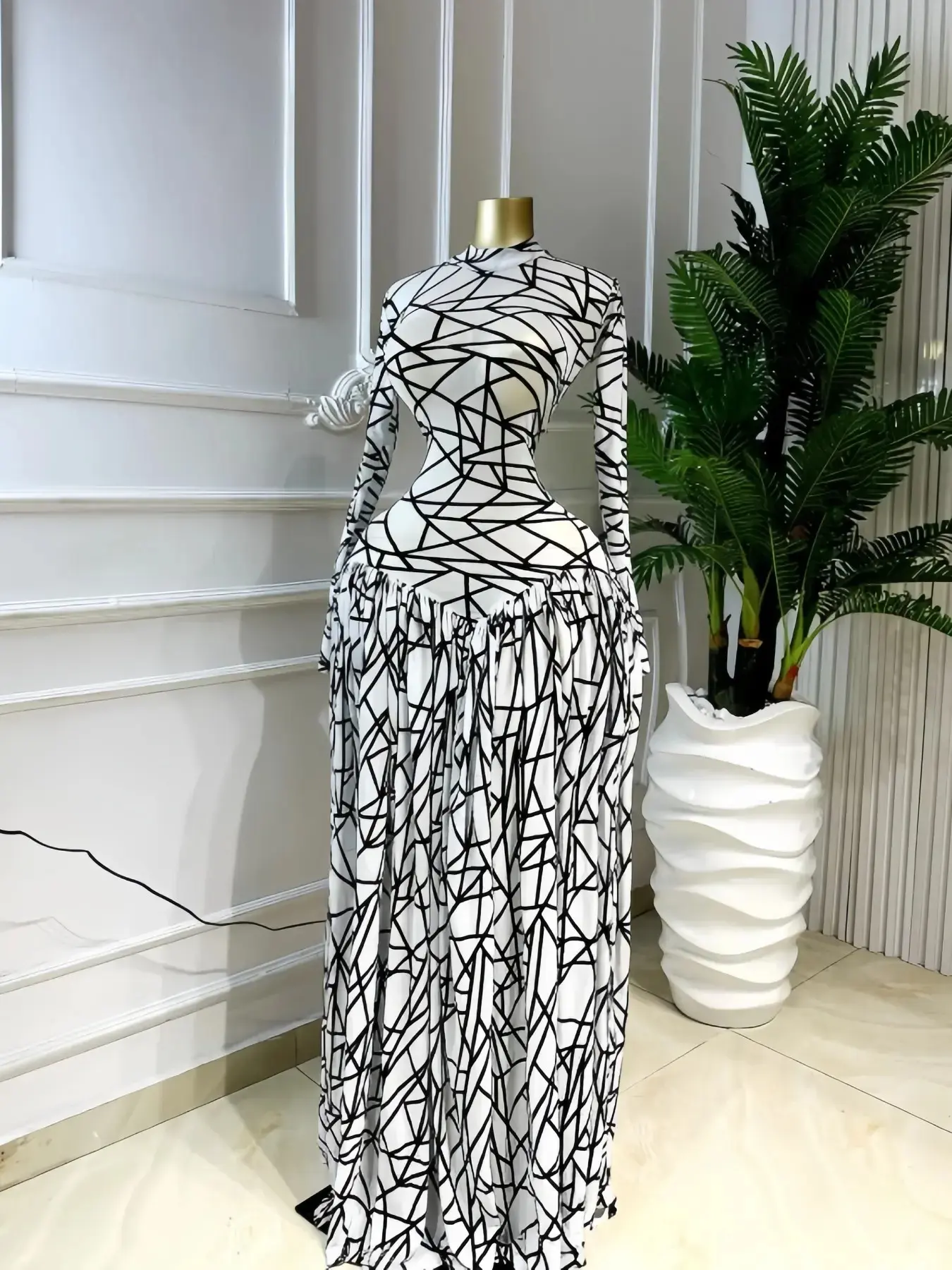 Women's  Elegant Long Sleeve Printed O-Neck Maxi Prom Dress Evening Beach