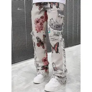 Men’s vintage street loose straight-leg long pants with a butterfly pattern and raw hem design; men’s hip-hop style denim pants for outdoor wear