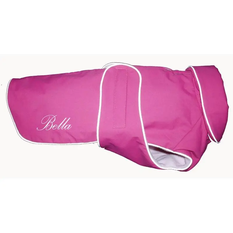 A Pets World 08192922-18 Weatherproof Fleece Lined Dog Coat, 18 Inches, Dark Pink, Cloth Tie, Easy On and Off, Extra Warmth, Light Grey Thread for Embroidery, Nylon, Reflective Piping