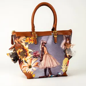 Degas Bronze Rosetti Jungle Lady Lift Large Handbag 16.5"w x 13.5"h x 6.5"d Printed Canvas Natural Italian Leather Sparkling Crystals Gold-Tone Hardware