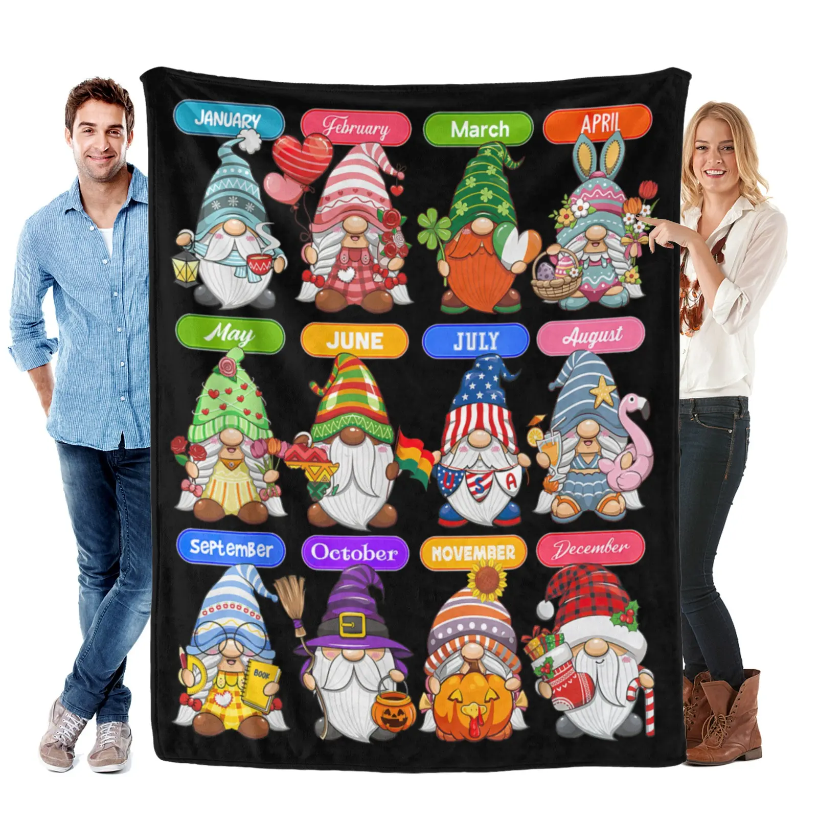 Monthly Gnome Cozy Flannel Blanket - Seasonal Holiday Soft Throw - Super Soft Plush Gifts for Gnome Collectors