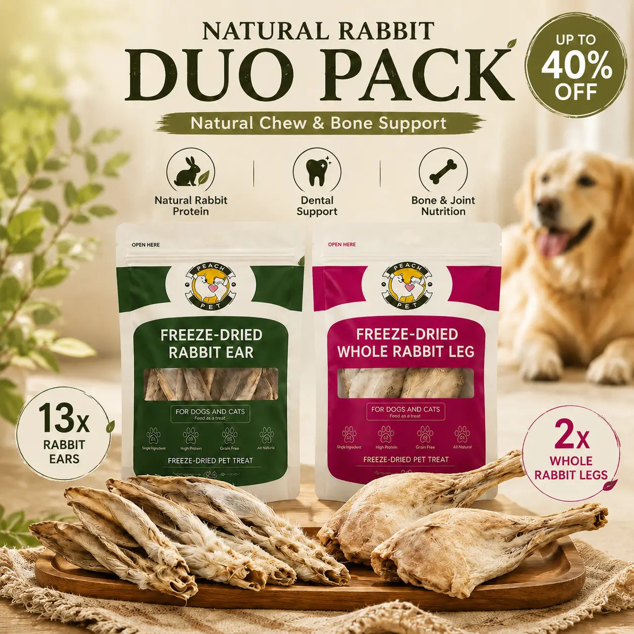 Freeze-Dried Dog Treats 2-Pack Bundle（7.73oz Total） - Natural Rabbit Ear & Whole Rabbit Leg Chews, High Protein Pet Snacks for Dogs & Cats