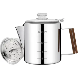 No Coating 12 Cup Percolator Coffee Pot 304 Stainless Moka Pot Stovetop Espresso Maker Italian Greca Cuban Machine 2200ml 74.4oz Suitable for Gas Induction Stovetop Camping Kettle