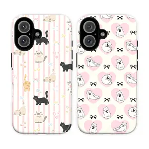 Cute Coquette Cat Phone Case – Kawaii Kitty Phone Cover for iPhone 17 16 15 14 13 12 11 Pro Max X & Galaxy S25 S24 S23 S22 S21| Pastel Pink Striped Phone Case with Girly Preppy Bow, Soft Aesthetic Gift for Her Women Girls