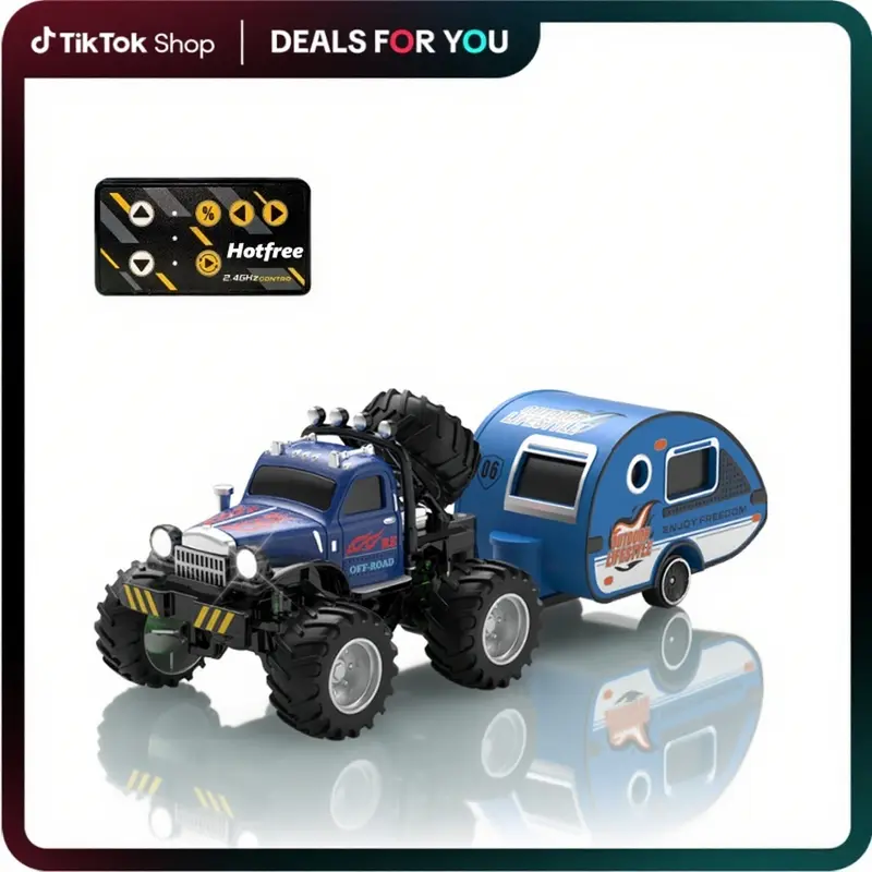 Hotfree Upgraded 1/64 Mini RC Monster Truck with Trailer, All‑Terrain Bigfoot Off‑Road RC Car, 2.4GHz Remote & App Dual Control, 3‑Speed Adjustable, Alloy Body USB‑C Rechargeable, Indoor Outdoor Racing Vehicle, Birthday Christmas Gift Toy for Kids Boys