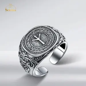 Sebina Viking Rune Symbol Ring Norse Pagan Retro Silver Jewelry Mysterious Viking Runes Algiz (ᛉ) Viking Gifts For Men & Women【Size：#8-#12】 Tarnish Resistant Rings Protection Rings