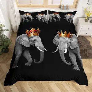 Elephant Couple Bedding Set,3D African Tropical Wild Animal Comforter Cover Set for Kids Girls,Golden and Crown Bedding Quilt Cover Set,Bedroom Decor