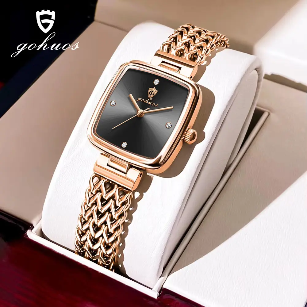 GOHUOS Luxury Women's Quartz Watch - Watches for Women, 28mm Solid Stainless Steel Strap, Rose Gold Elegant Square Face, Hardlex Glass, Luminous Dial, << 30M Waterproof, Calendar Week Date Display, Battery-Powered Fashion Accessory with Free Cord Bracelet